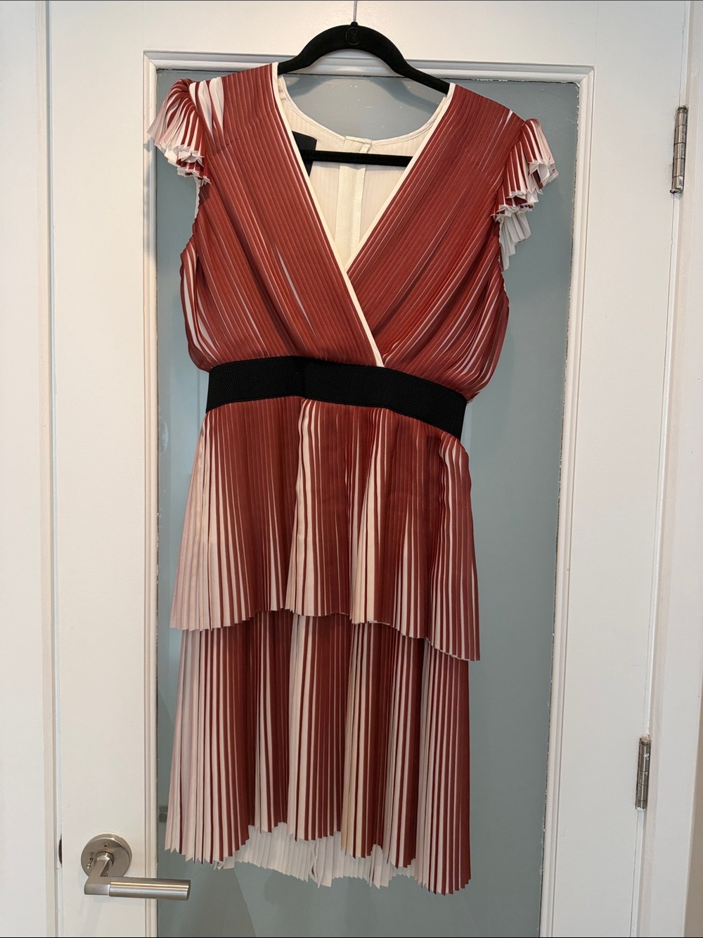 Women’s Rust and Cream Pleated High-Low Dress with Black Waist
